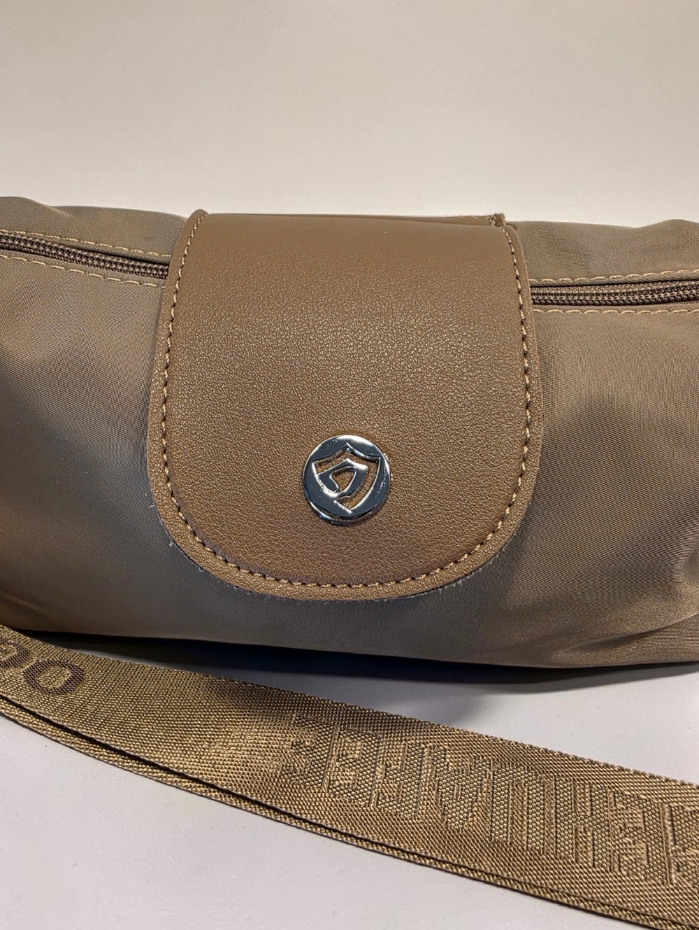 Taupe Crossbody Shoulder Bag with Guitar Strap, Top Zipper and Snap Closure  NWT - Picture 3 of 5